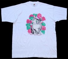 画像2: 00s キャット フラワー アート Tシャツ 白 XL (2)