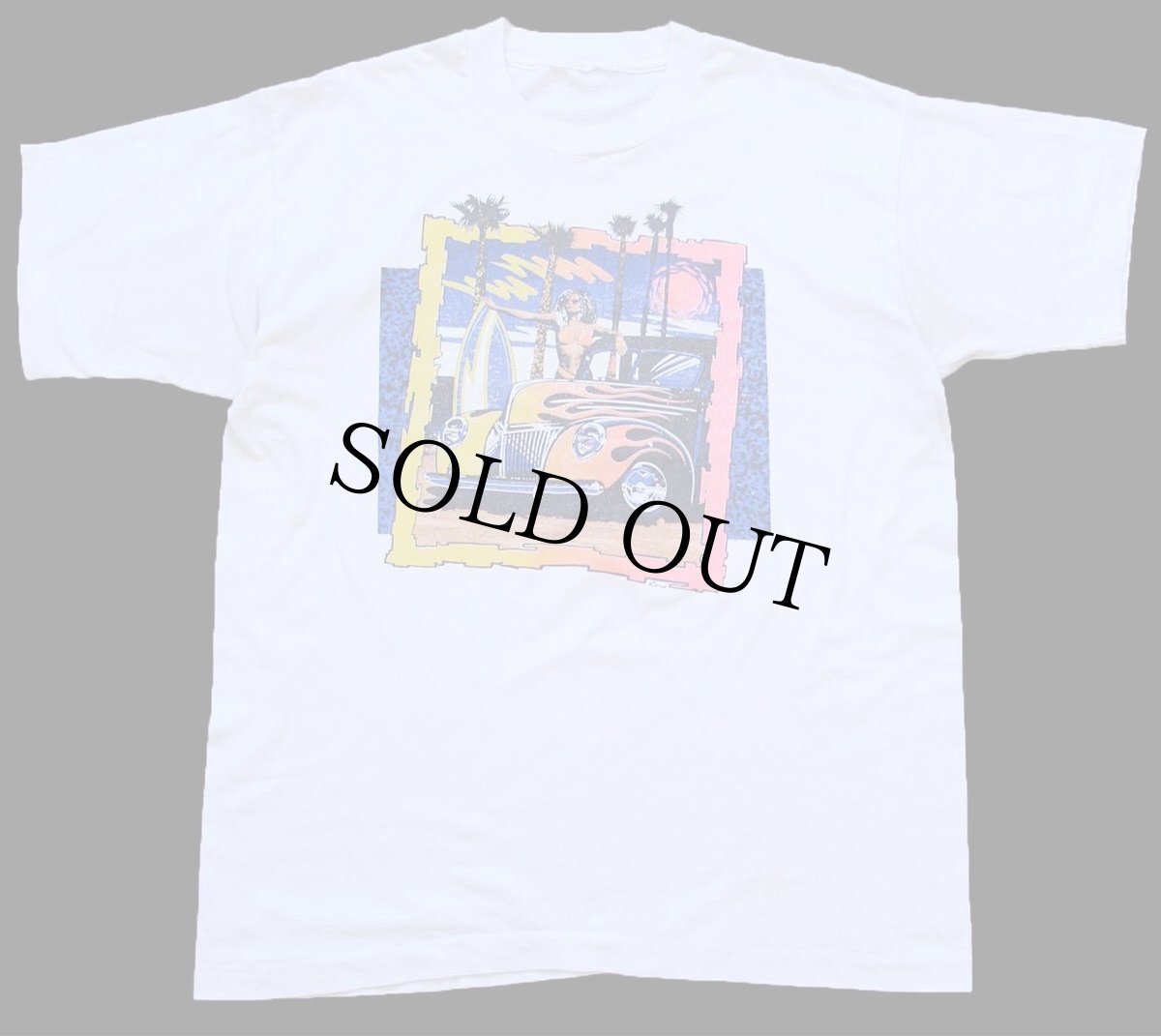 画像2: 90s HOTROD ホットロッド フレイムス ビキニガール ヤシの木 サーフボード アート Tシャツ 白 (2)