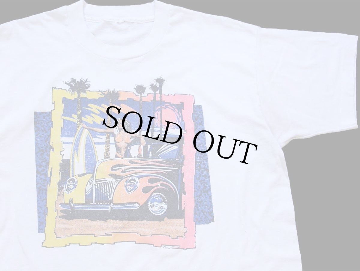 画像1: 90s HOTROD ホットロッド フレイムス ビキニガール ヤシの木 サーフボード アート Tシャツ 白 (1)