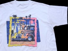 画像1: 90s HOTROD ホットロッド フレイムス ビキニガール ヤシの木 サーフボード アート Tシャツ 白 (1)
