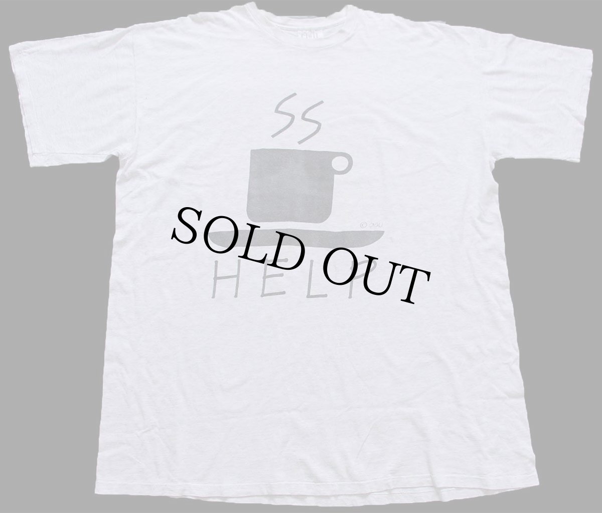 画像1: 90s USA製 cigli HELP コーヒーカップ アート 染み込みプリント コットンTシャツ 杢ライトグレー 超特大 (1)