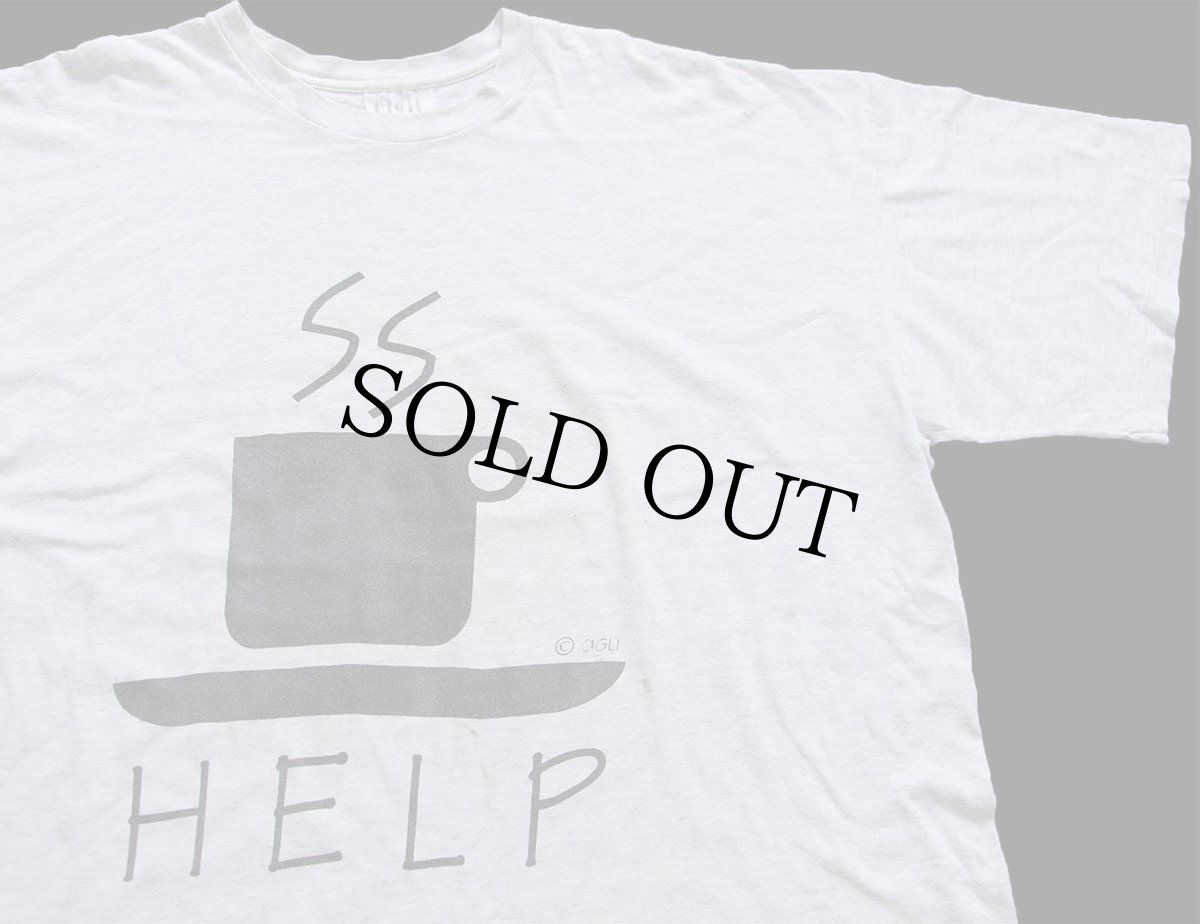 画像3: 90s USA製 cigli HELP コーヒーカップ アート 染み込みプリント コットンTシャツ 杢ライトグレー 超特大 (3)