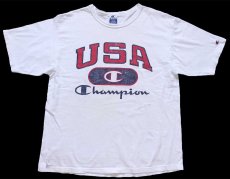 画像2: 90s USA製 Championチャンピオン USA スクリプト ロゴ 三段中抜き ひび割れプリント コットンTシャツ 白 XL (2)