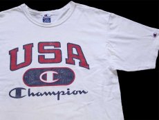 画像1: 90s USA製 Championチャンピオン USA スクリプト ロゴ 三段中抜き ひび割れプリント コットンTシャツ 白 XL (1)