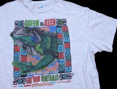 画像1: 90s USA製 Hanes GREEN IS KEEN SAN DIEGO ZOO イグアナ アート 両面プリント コットンTシャツ 杢ライトグレー L (1)