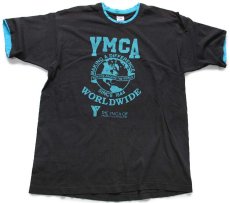 画像2: 90s USA製 YMCA WORLDWIDE MAKING A DIFFERENCE レイヤードネック&スリーブ コットンTシャツ 黒×水色 XL (2)