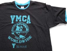 画像1: 90s USA製 YMCA WORLDWIDE MAKING A DIFFERENCE レイヤードネック&スリーブ コットンTシャツ 黒×水色 XL (1)