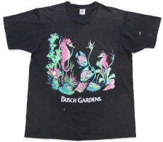 画像2: 90s USA製 BUSCH GARDENS 熱帯魚 タツノオトシゴ シェル 蛍光プリント アート コットンTシャツ 黒 フェード L (2)