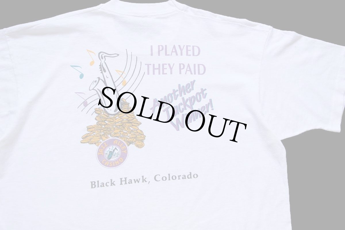 画像4: 90s USA製 JAZZ ALLEY CASINO サックス 両面プリント Tシャツ 白 XL (4)