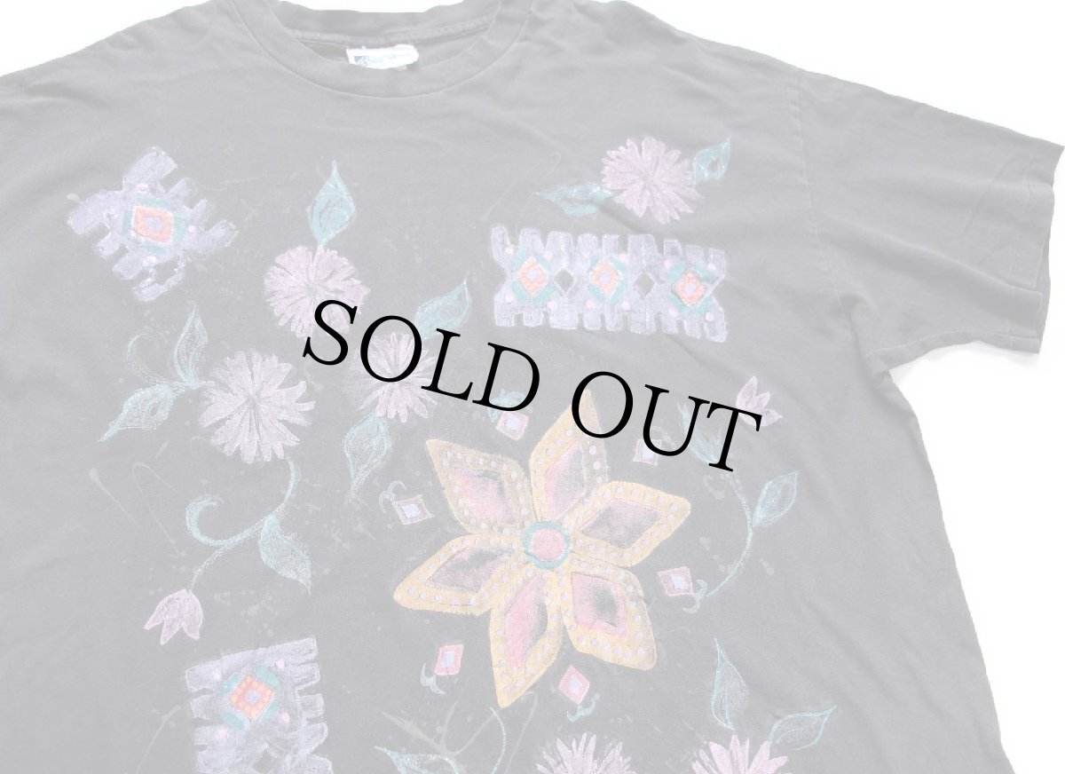 画像1: 90s USA製 フラワー ハンドペイント アート コットンTシャツ 黒 フェード★特大 (1)