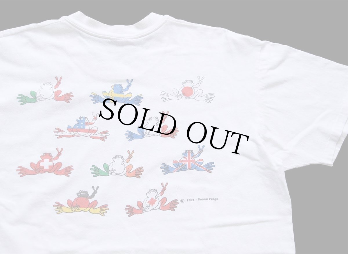 画像4: 90s USA製 Peace Frogs カエル 国旗 アート コットンTシャツ 白 L (4)