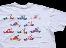 画像4: 90s USA製 Peace Frogs カエル 国旗 アート コットンTシャツ 白 L (4)