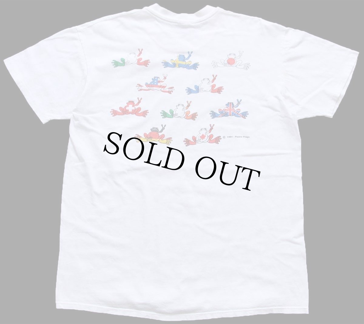 画像3: 90s USA製 Peace Frogs カエル 国旗 アート コットンTシャツ 白 L (3)