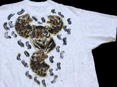 画像1: 90s タイガー アップリケ&ストーン装飾 ドロッピング アート コットンTシャツ 白 (1)