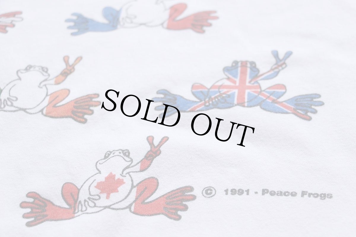 画像5: 90s USA製 Peace Frogs カエル 国旗 アート コットンTシャツ 白 L (5)