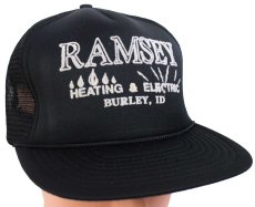 画像1: デッドストック★90s RAMSEY HEATING & ELECTRIC フロッキープリント メッシュキャップ 黒 (1)
