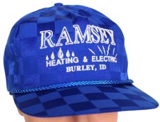 画像1: デッドストック★90s RAMSEY HEATING & ELECTRIC フロッキープリント チェッカーフラッグ キャップ 青 (1)
