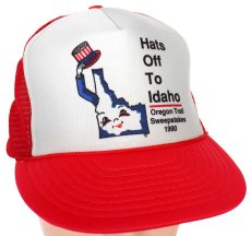 画像1: デッドストック★90s Hats Off To Idaho イラスト ツートン 切り替え メッシュキャップ 赤×グレー (1)