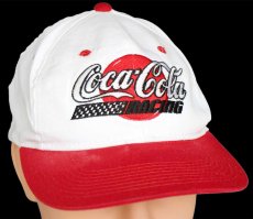 画像1: 90s USA製 Coca-Cola RACING コカコーラ ロゴ チェッカーフラッグ 刺繍 ツートン 切り替え コットンキャップ 白×赤 (1)