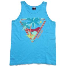 画像2: 90s USA製 ARIZONA ヤシの木 発泡プリント アート コットン タンクトップ 水色 M (2)