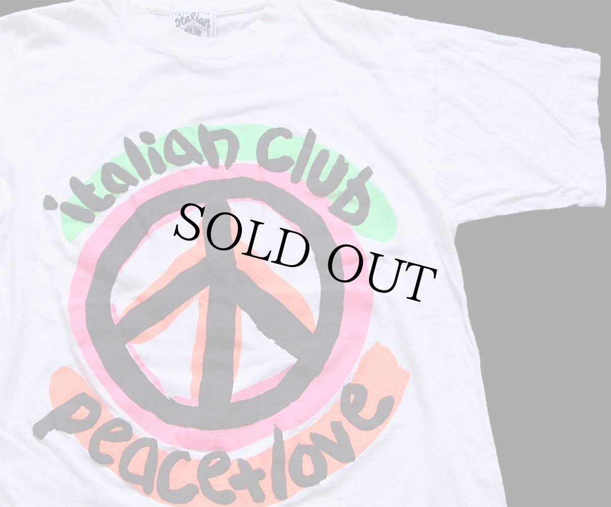 画像1: 90s USA製 italian club peace+love ピースマーク アート 蛍光プリント コットンTシャツ 白 M (1)