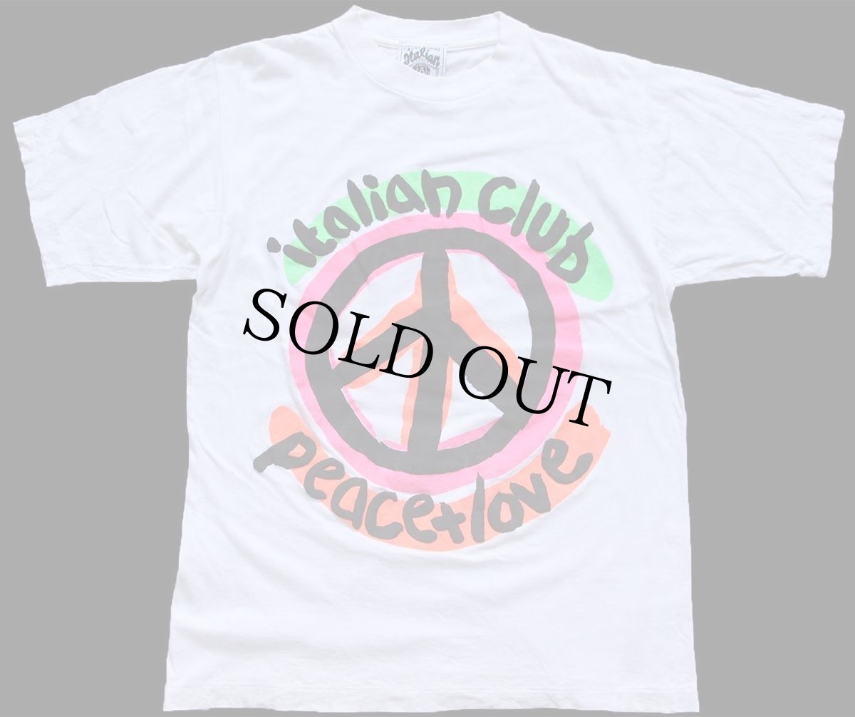画像2: 90s USA製 italian club peace+love ピースマーク アート 蛍光プリント コットンTシャツ 白 M (2)