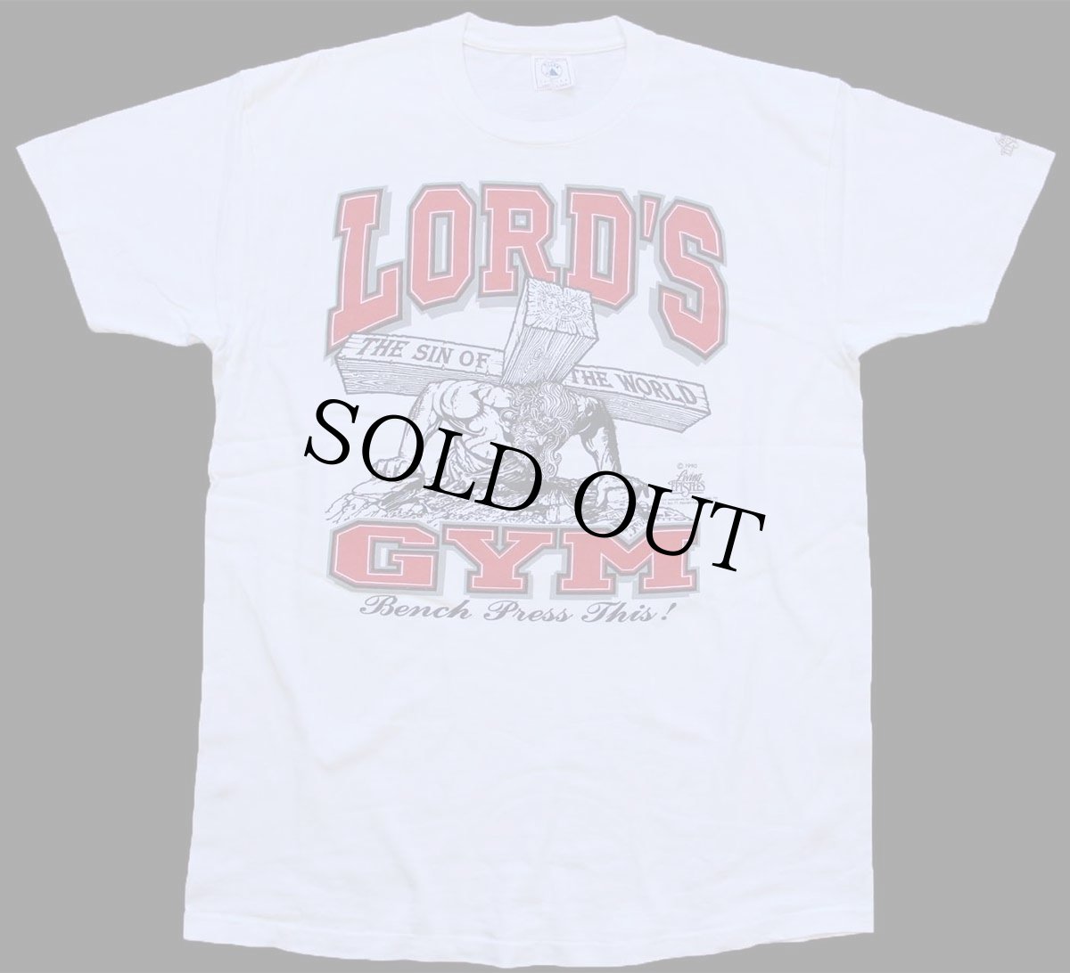 画像2: 90s USA製 LORD'S GYM HIS PAIN YOUR GAIN ジーザス パロディ 両面プリント コットンTシャツ 白 L (2)