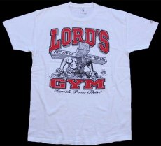 画像2: 90s USA製 LORD'S GYM HIS PAIN YOUR GAIN ジーザス パロディ 両面プリント コットンTシャツ 白 L (2)