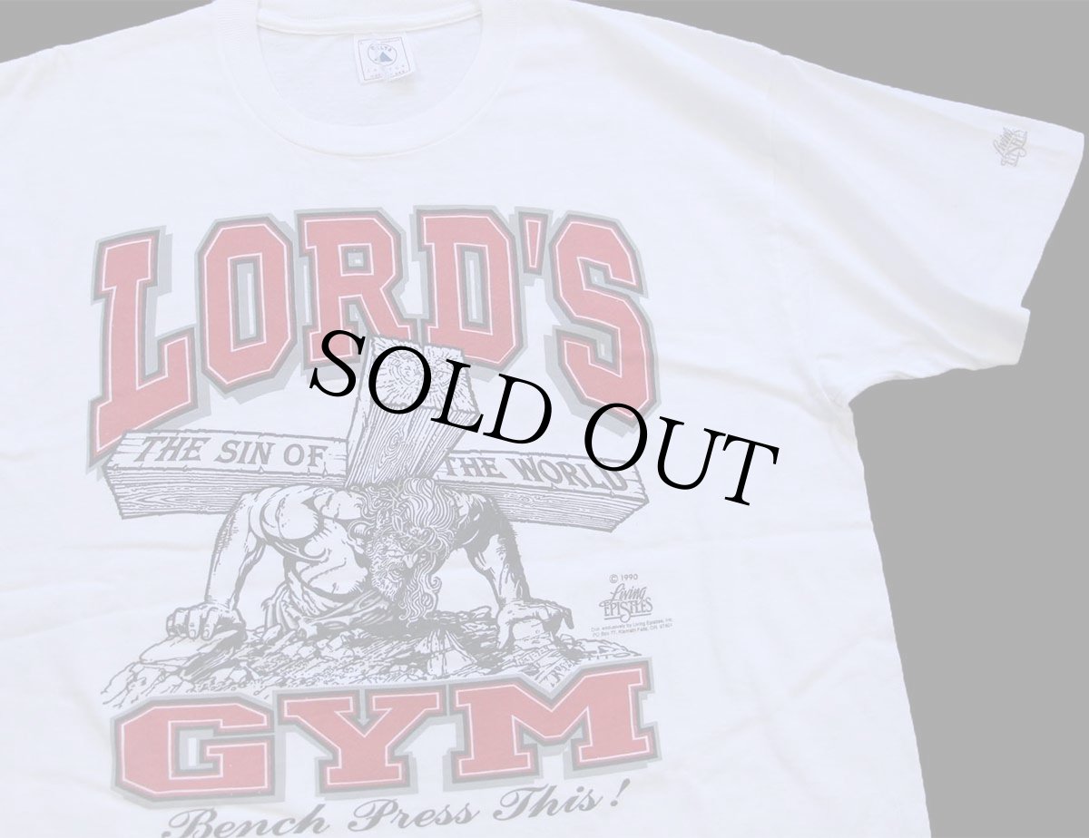 画像1: 90s USA製 LORD'S GYM HIS PAIN YOUR GAIN ジーザス パロディ 両面プリント コットンTシャツ 白 L (1)