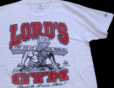 画像1: 90s USA製 LORD'S GYM HIS PAIN YOUR GAIN ジーザス パロディ 両面プリント コットンTシャツ 白 L (1)
