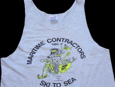 画像1: 90s USA製 Hanes MARITIME CONTRACTOR SKI TO SEA 蛍光 ひび割れプリント コットン タンクトップ 杢ライトグレー M (1)