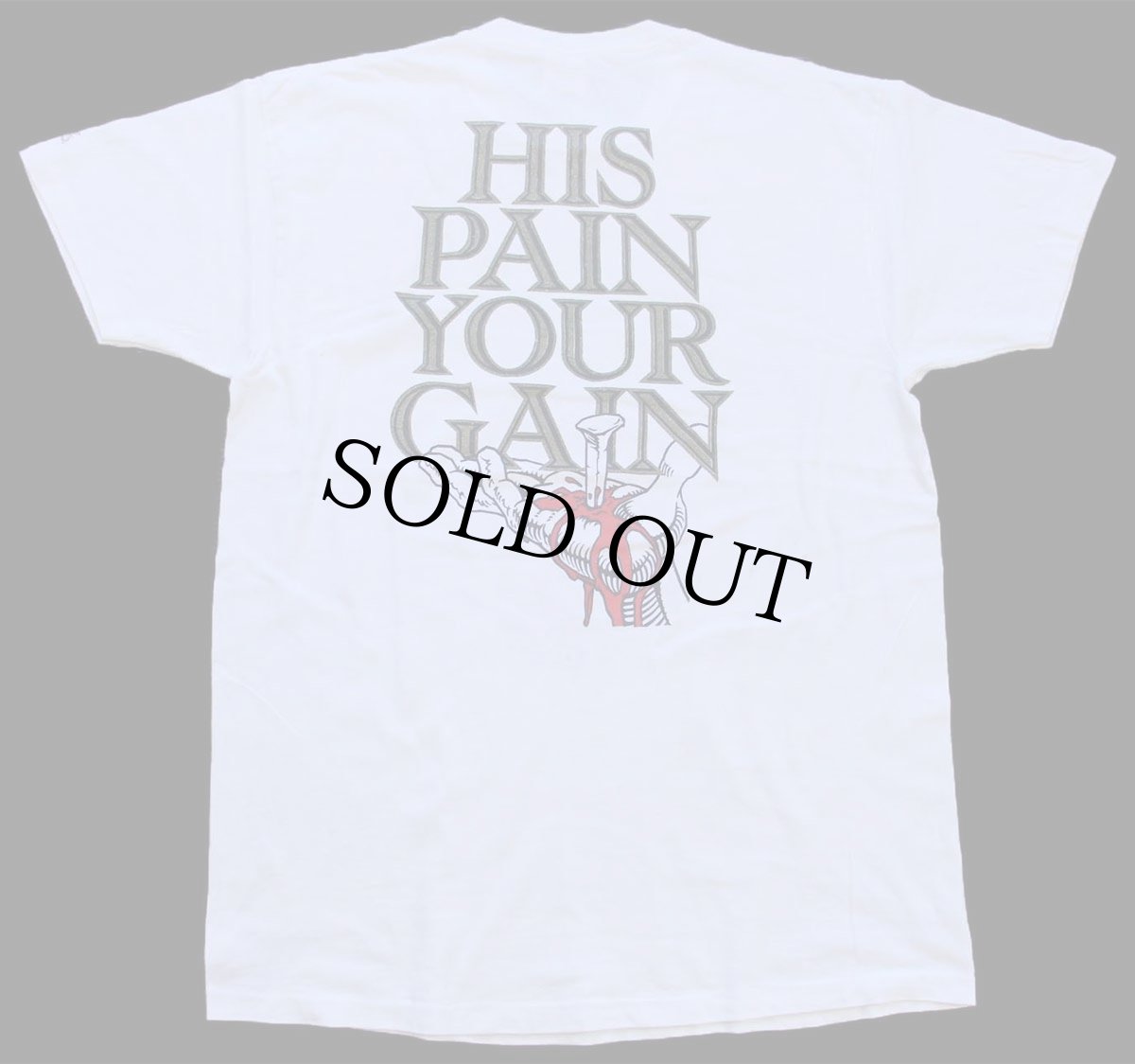 画像3: 90s USA製 LORD'S GYM HIS PAIN YOUR GAIN ジーザス パロディ 両面プリント コットンTシャツ 白 L (3)