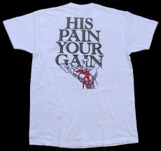 画像3: 90s USA製 LORD'S GYM HIS PAIN YOUR GAIN ジーザス パロディ 両面プリント コットンTシャツ 白 L (3)