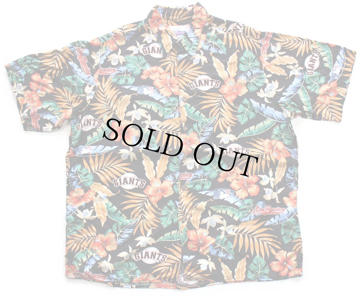 画像1: ハワイ製 Reyn SPOONER レインスプーナー MLB San Francisco GIANTS ハイビスカス×リーフ柄 レーヨン アロハシャツ L (1)