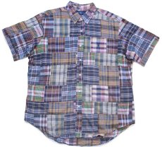 画像1: 00s ラルフローレン CLASSIC FIT マドラスチェック パッチワーク ボタンダウン 半袖 コットンシャツ XL★インド綿 (1)