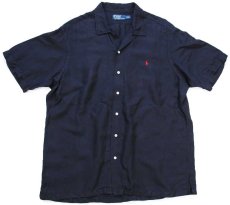 画像1: 00s ポロ ラルフローレン ワンポイント 半袖 オープンカラー リネン×シルクシャツ 黒 XL (1)