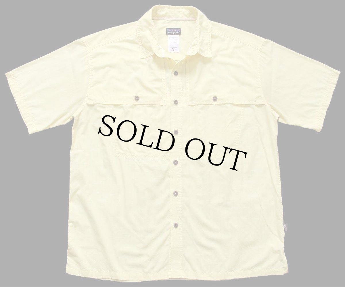 画像1: 00s patagoniaパタゴニア Island Hopper Shirt ストライプ 半袖 オーガニックコットン混 シャツ 黄 L (1)