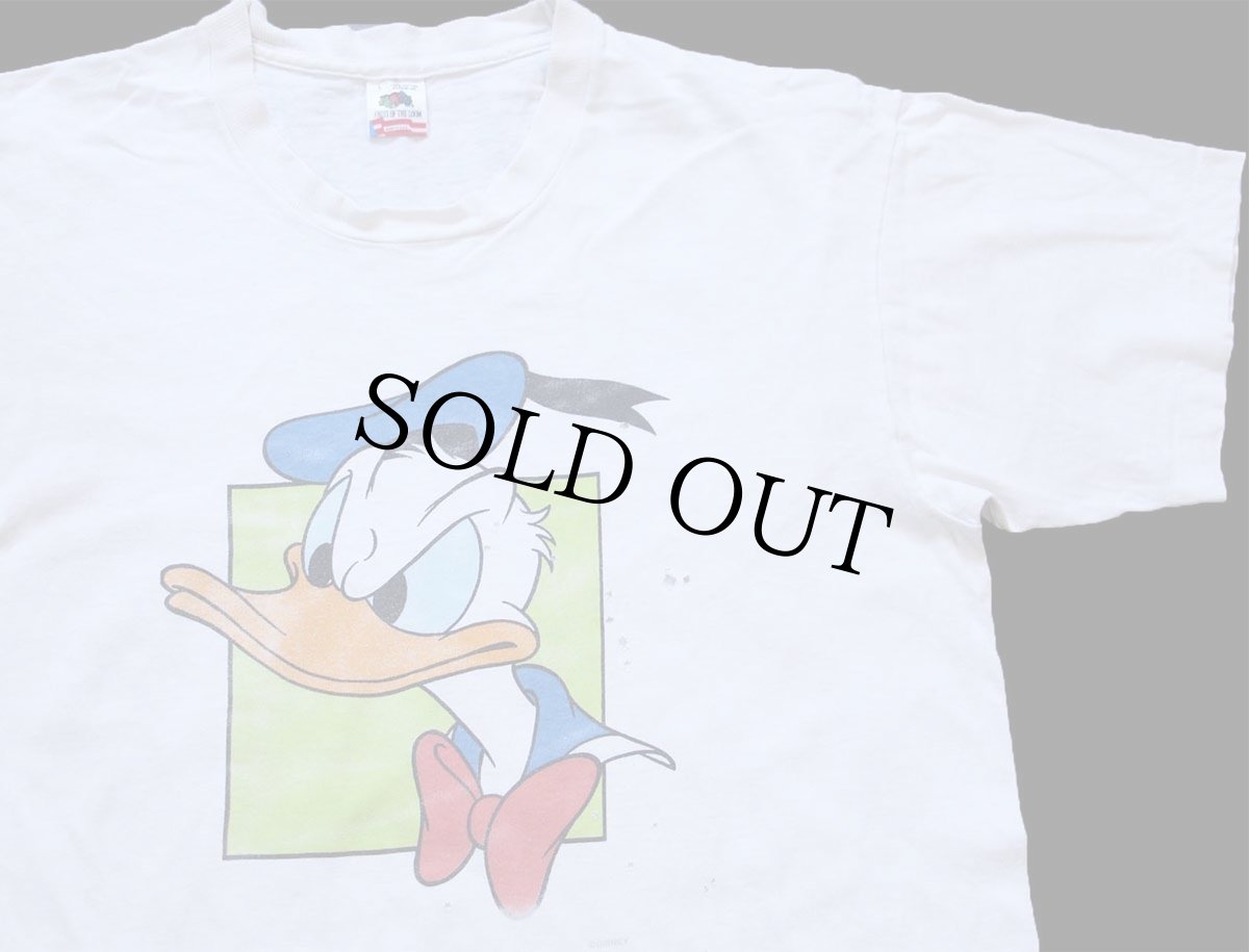 画像1: 90s USA製 Disneyディズニー ドナルドダック コットンTシャツ ボロ 白 L (1)