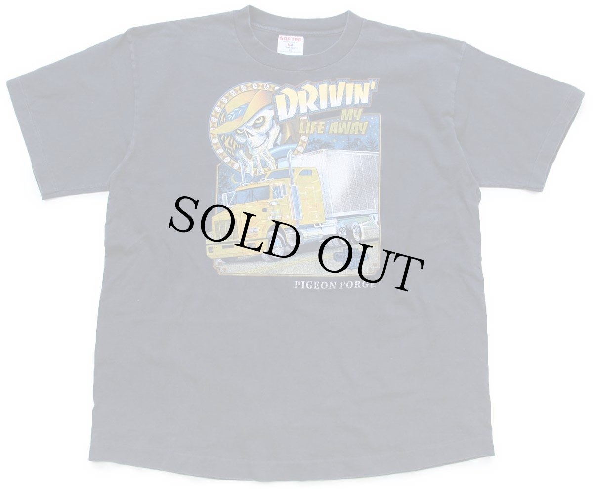 画像2: 90s USA製 DRIVIN' MY LIFE AWAY TRUCK USA コンボイ トラック スカル コットンTシャツ 黒 XL (2)