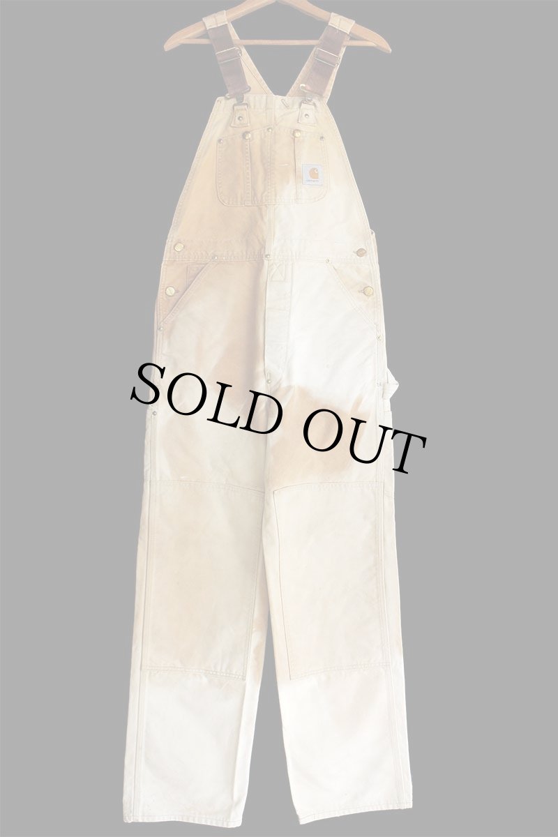 画像2: 90s carharttカーハート ダブルニー ダック地 オーバーオール 茶 フェード W34 (2)