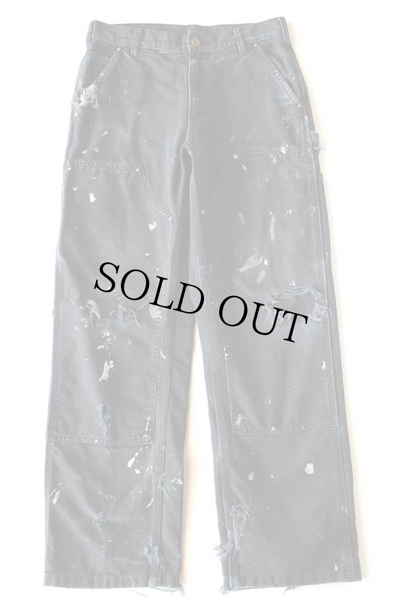 画像2: carharttカーハート ペンキ飛び&ダメージ ダブルニー ダック地 ペインターパンツ ボロ 黒 W29 L30 (2)