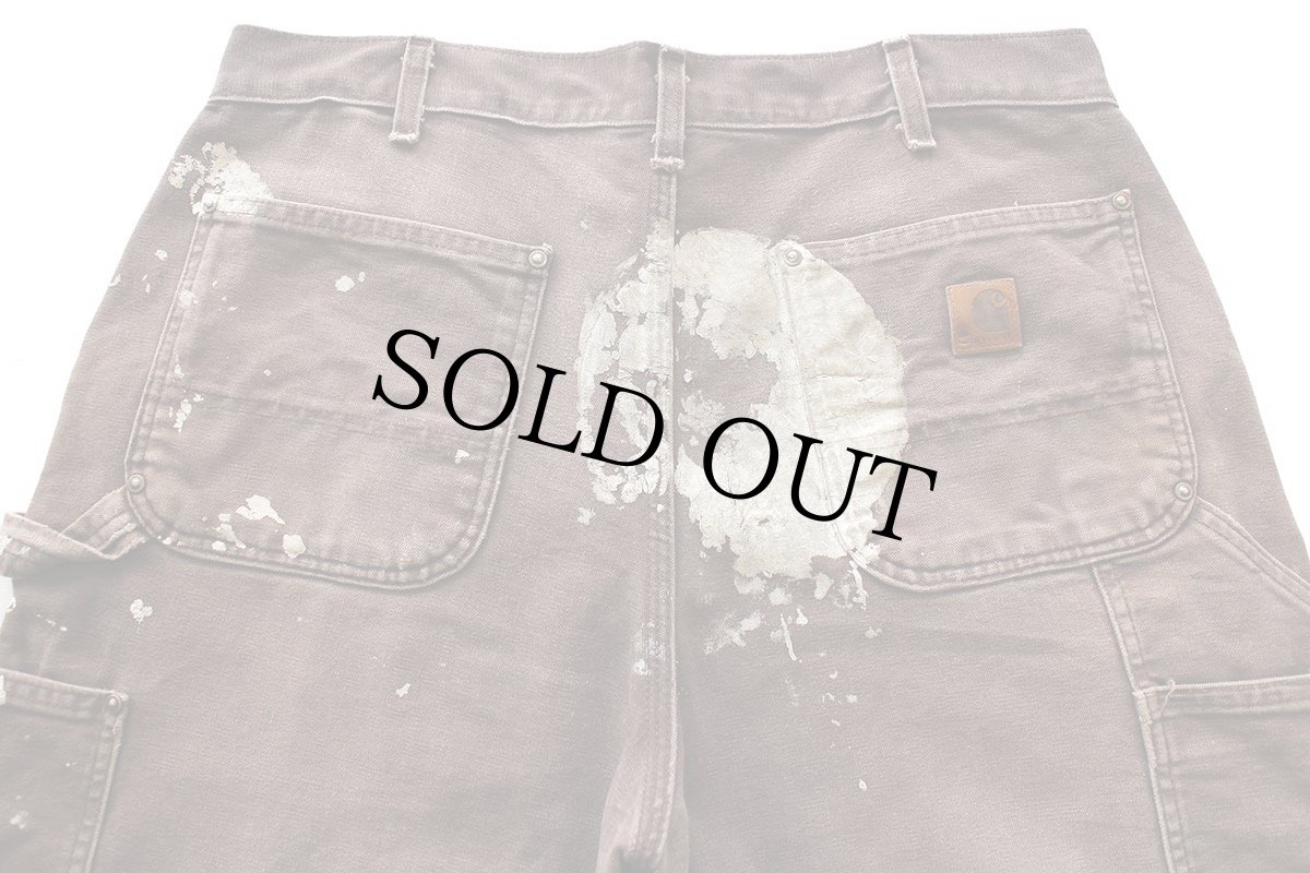 画像5: メキシコ製 carharttカーハート ペンキ飛び&ダメージ ダブルニー ダック地 ペインターパンツ ボロ 焦げ茶 フェード W34 L32 (5)