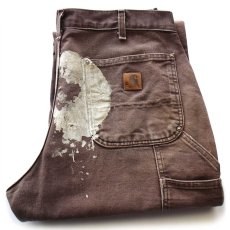 画像1: メキシコ製 carharttカーハート ペンキ飛び&ダメージ ダブルニー ダック地 ペインターパンツ ボロ 焦げ茶 フェード W34 L32 (1)