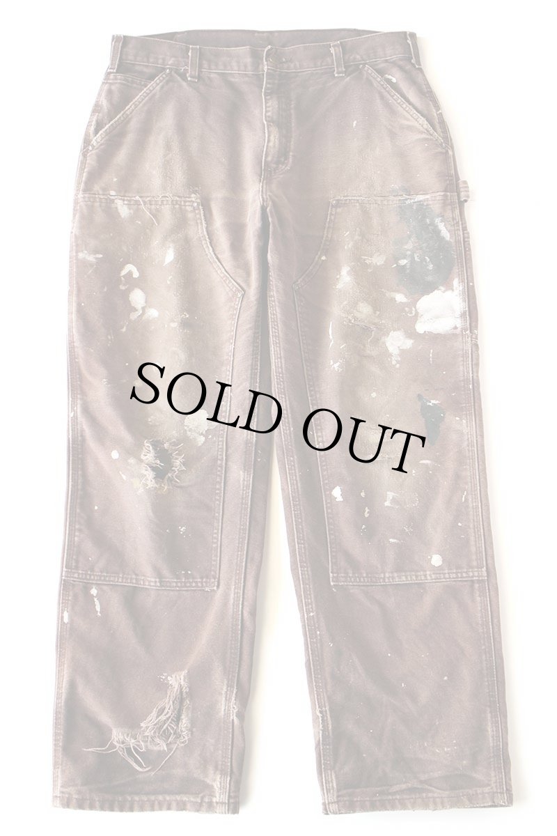 画像2: メキシコ製 carharttカーハート ペンキ飛び&ダメージ ダブルニー ダック地 ペインターパンツ ボロ 焦げ茶 フェード W34 L32 (2)