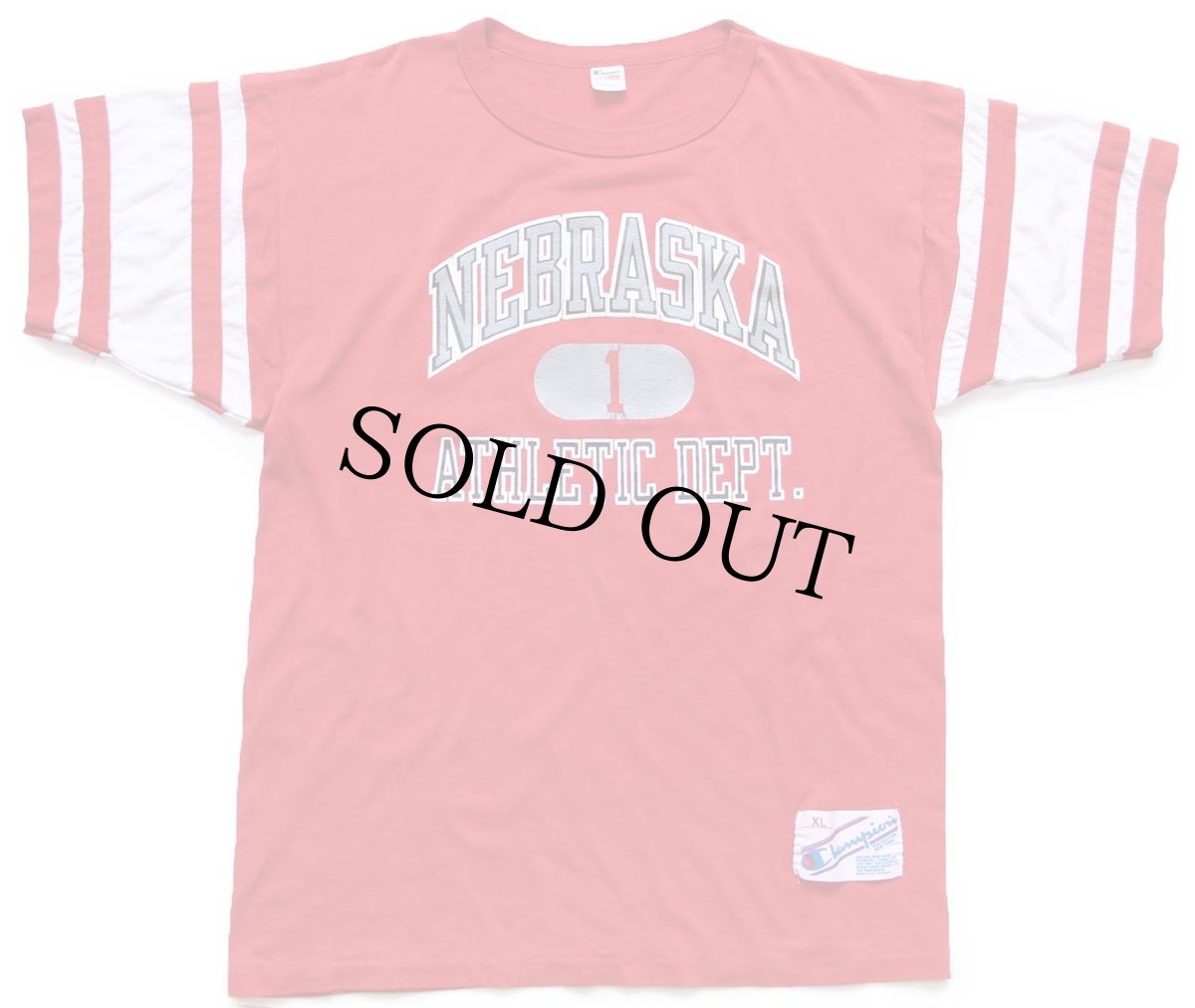 画像1: 80s USA製 Championチャンピオン NEBRASKA ATHLETIC DEPT. 三段中抜き ひび割れプリント フットボールTシャツ 赤 XL (1)