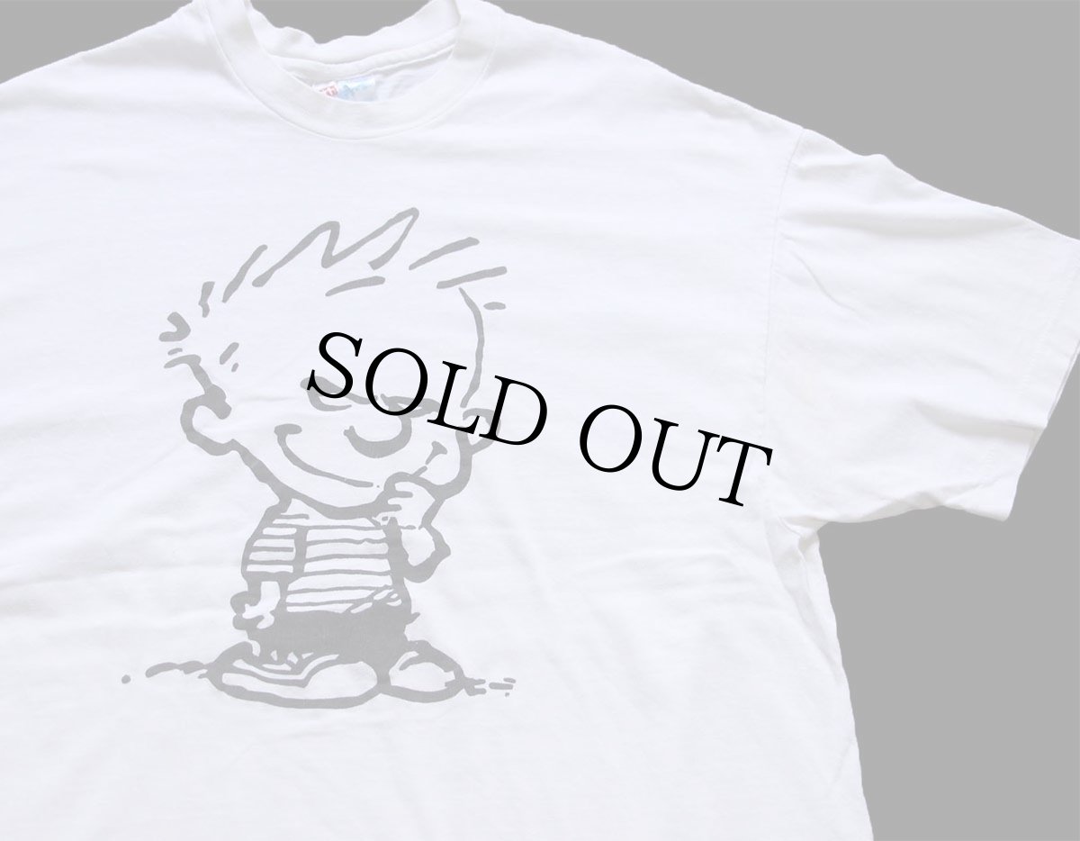 画像1: 90s USA製 Hanes Calvin and Hobbes カルビン ホッブス 両面プリント コットンTシャツ ボロ 白 XL (1)