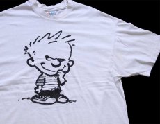 画像1: 90s USA製 Hanes Calvin and Hobbes カルビン ホッブス 両面プリント コットンTシャツ ボロ 白 XL (1)