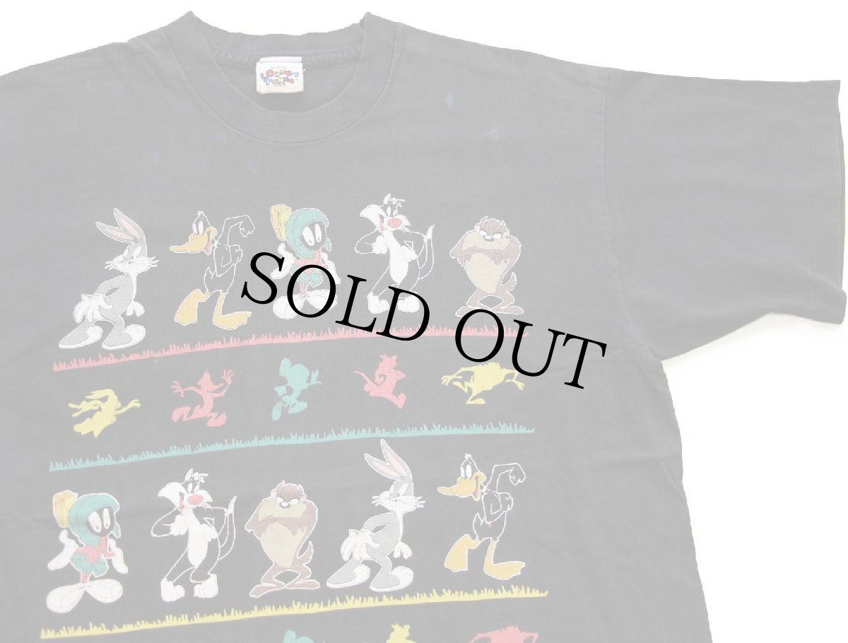 画像1: 90s Warner Bros LOONEY TUNES バッグスバニー ダフィーダック タズマニアンデビル キャラクター コットンTシャツ 黒 フェード (1)