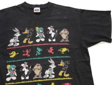 画像1: 90s Warner Bros LOONEY TUNES バッグスバニー ダフィーダック タズマニアンデビル キャラクター コットンTシャツ 黒 フェード (1)