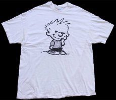画像2: 90s USA製 Hanes Calvin and Hobbes カルビン ホッブス 両面プリント コットンTシャツ ボロ 白 XL (2)